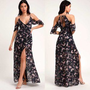 Lulu's Abundant Happiness Navy Blue Floral Print Jacquard Maxi Dress M